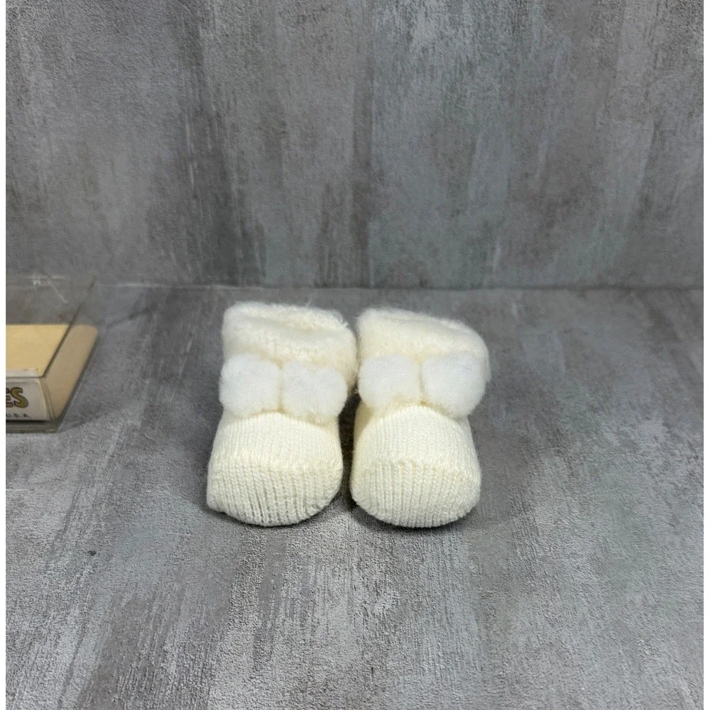 Vintage Baby Bootees Newborn to 3 Months Cream White Knit Pom Pom Made in USA